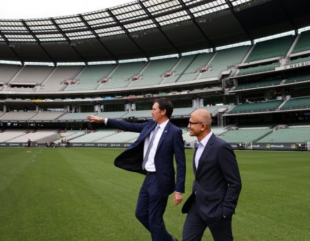 Satya Nadella with Cricket Australia CEO James Sutherland at the Melbourne Cricket Ground