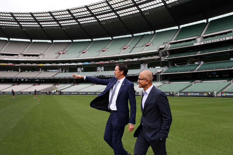 Satya Nadella with Cricket Australia CEO James Sutherland at the Melbourne Cricket Ground - Machine Learning Parnership