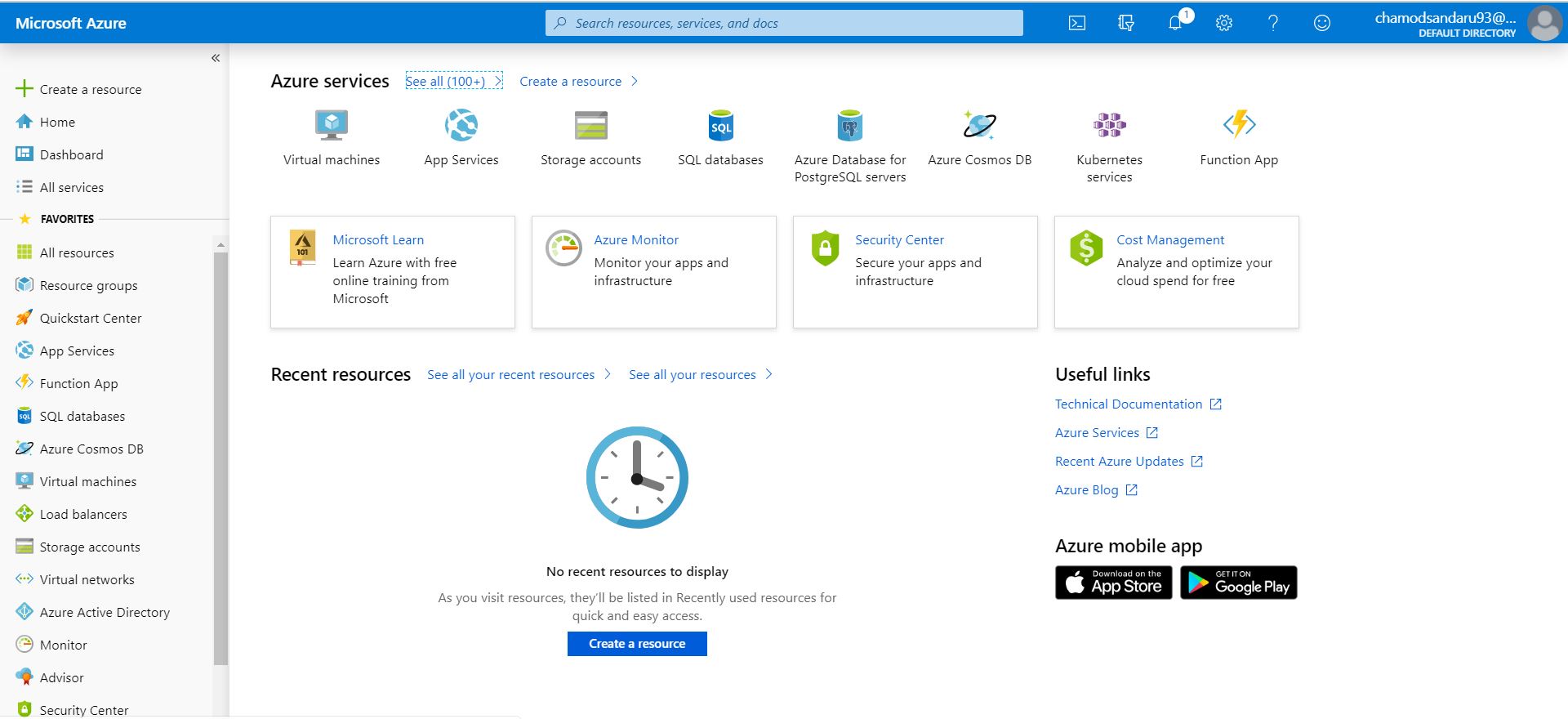 Azure Dashboard in first view